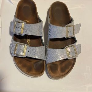 Iridescent blue Birkenstocks
